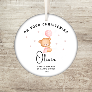 Personalised Christening ornament, Pink bear, Baptism ornament, Christening Keepsake, Hanging decoration, Christening gifts for boys and girls